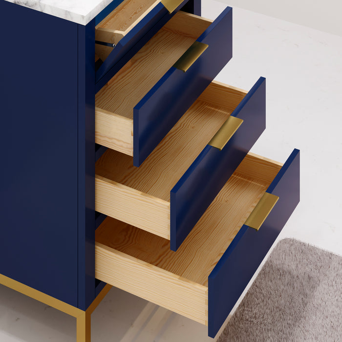 24-inch Pulse Carrara White Marble Vanity Cabinet in Monarch Blue with Satin Gold Hardware and Mirror