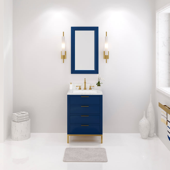 24 Inch Monarch Blue Reid Bath Vanity - Carrara White Marble Countertop & Satin Gold Faucet