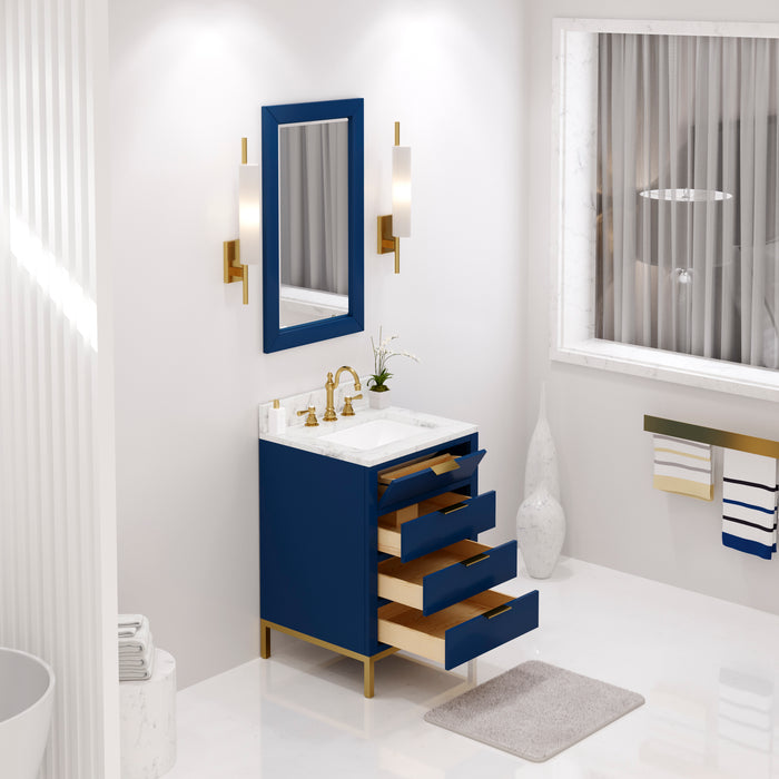 24 Inch Monarch Blue Reid Bath Vanity - Carrara White Marble Countertop & Satin Gold Faucet