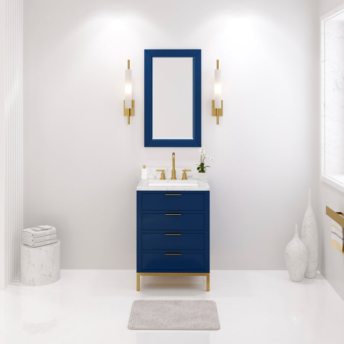 24 Inch Carrara White Marble Single Sink Bathroom Vanity - Monarch Blue with Satin Gold Faucet & Mirror