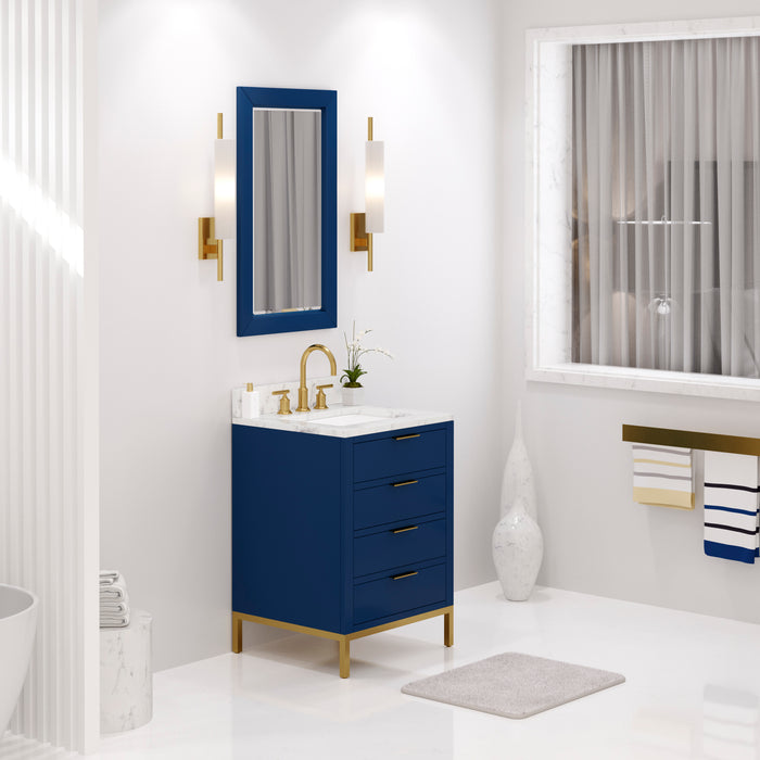 24 Inch Carrara White Marble Single Sink Bathroom Vanity - Monarch Blue with Satin Gold Faucet & Mirror