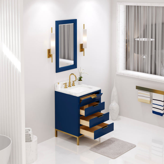 24 Inch Carrara White Marble Single Sink Bathroom Vanity - Monarch Blue with Satin Gold Faucet & Mirror