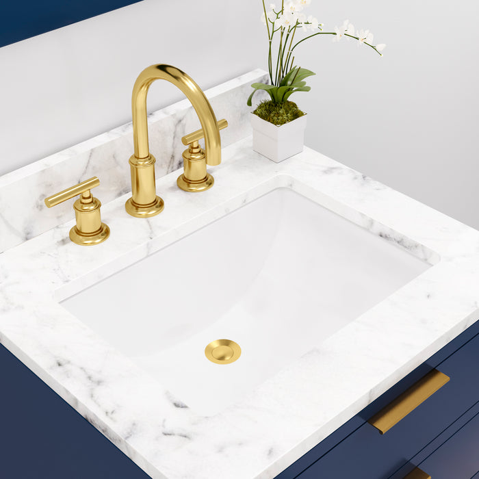 24 Inch Carrara White Marble Single Sink Bathroom Vanity - Monarch Blue with Satin Gold Faucet & Mirror