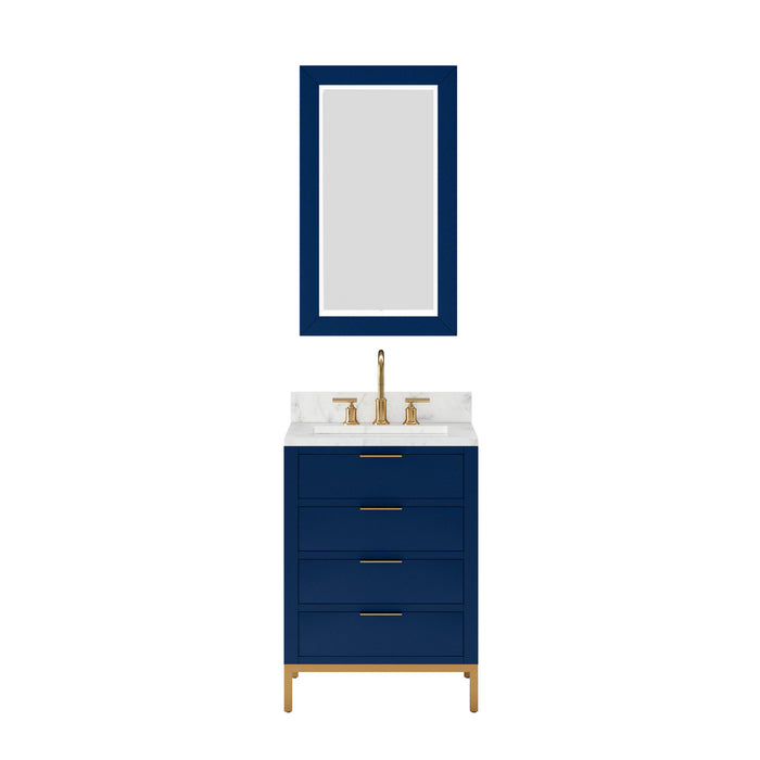 24 Inch Carrara White Marble Single Sink Bathroom Vanity - Monarch Blue with Satin Gold Faucet & Mirror
