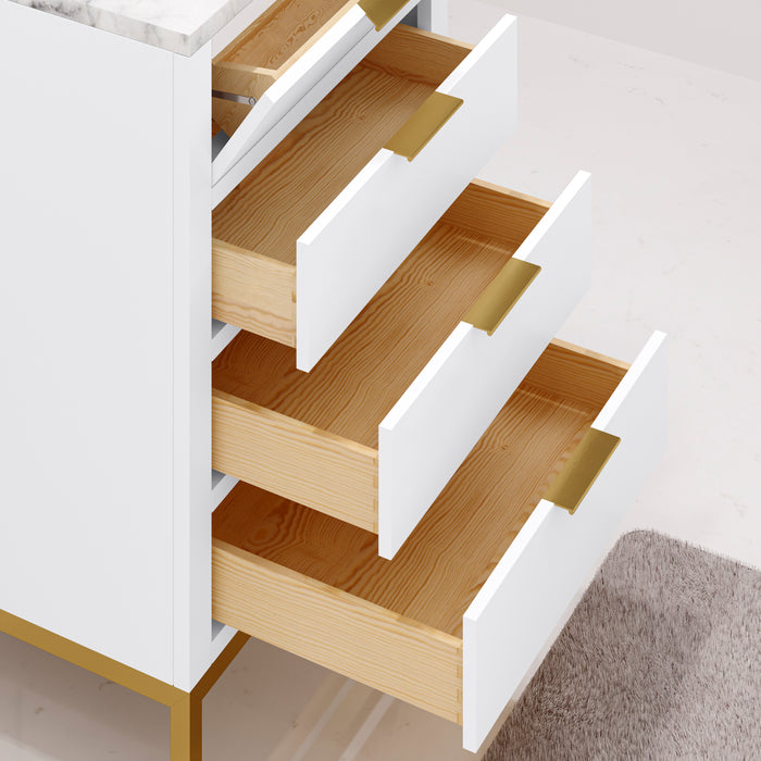 24-Inch Curl Modern Bathroom Vanity Set - Pure White Finish in Carrara Marble with Gold Hardware and Matching Rectangular Mirror