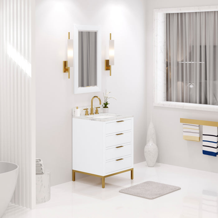 24 Inch Emily Single Sink Vanity Pure White with Carrara Marble Top & Gold Faucet