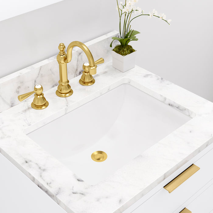 24-Inch Curl Modern Bathroom Vanity Set - Pure White Finish in Carrara Marble with Gold Hardware and Matching Rectangular Mirror