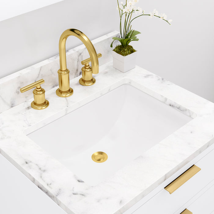 24 Inch Emily Single Sink Vanity Pure White with Carrara Marble Top & Gold Faucet