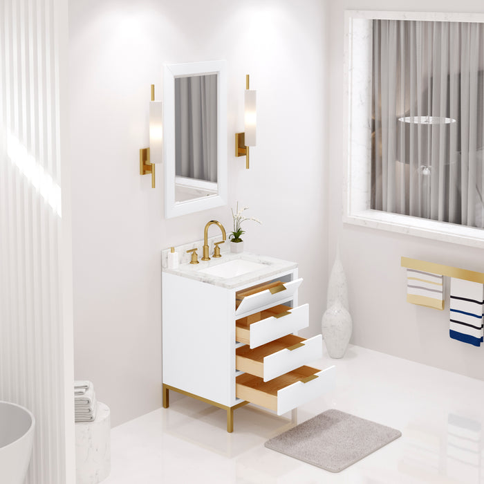 24 Inch Emily Single Sink Vanity Pure White with Carrara Marble Top & Gold Faucet