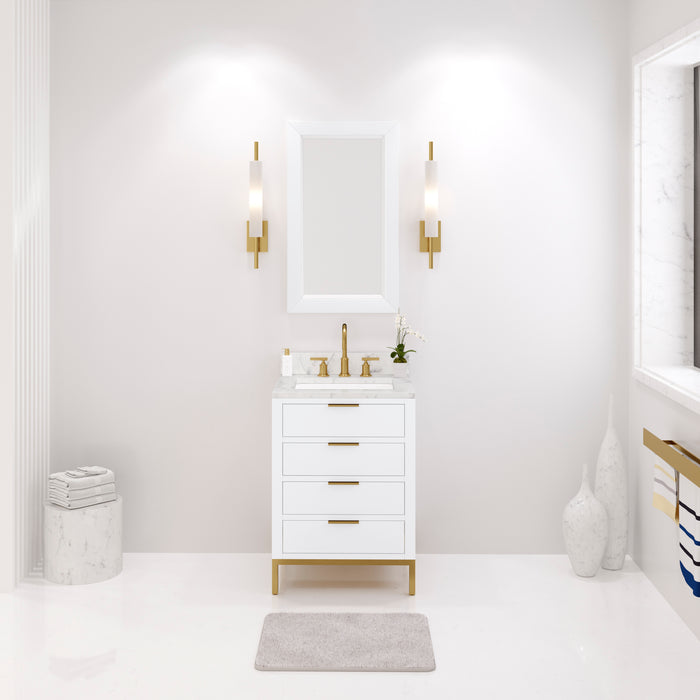 24 Inch Emily Single Sink Vanity Pure White with Carrara Marble Top & Gold Faucet