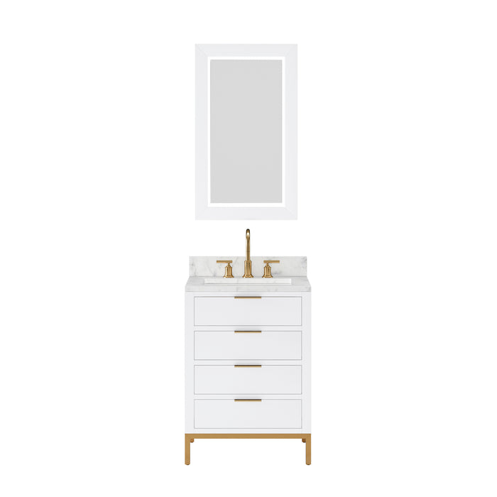 24 Inch Emily Single Sink Vanity Pure White with Carrara Marble Top & Gold Faucet