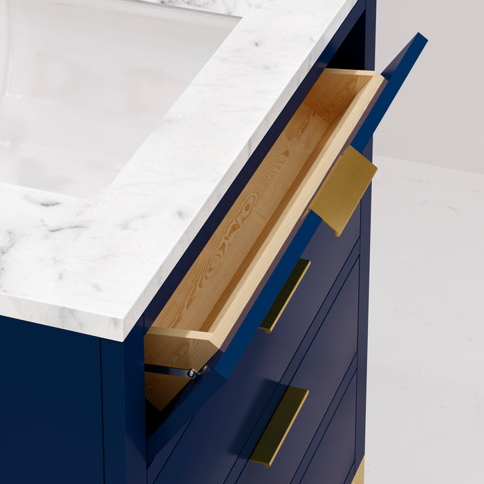 30 Inch Carrara Marble Lily Bathroom Vanity in Monarch Blue Single Sink with Satin Gold Faucet