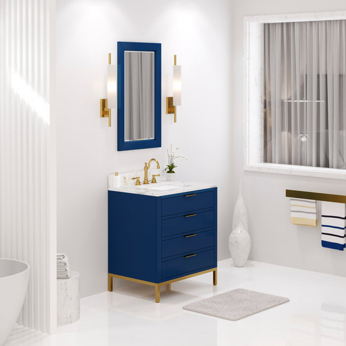 30 Inch Jessamine Monarch Blue Single Sink Vanity - Carrara White Marble Top with Satin Gold Hardware