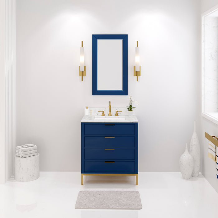 30 Inch Jessamine Monarch Blue Single Sink Vanity - Carrara White Marble Top with Satin Gold Hardware
