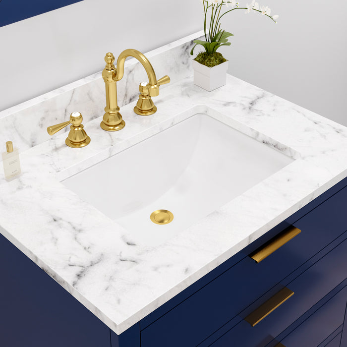 30" Estate Modern Single Sink Vanity Carrara White Marble Countertop Monarch Blue Cabinet with Gold Faucets and Mirror
