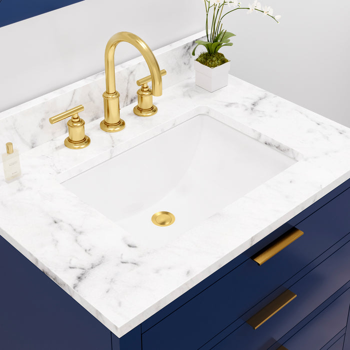 30 Inch Carrara Marble Lily Bathroom Vanity in Monarch Blue Single Sink with Satin Gold Faucet