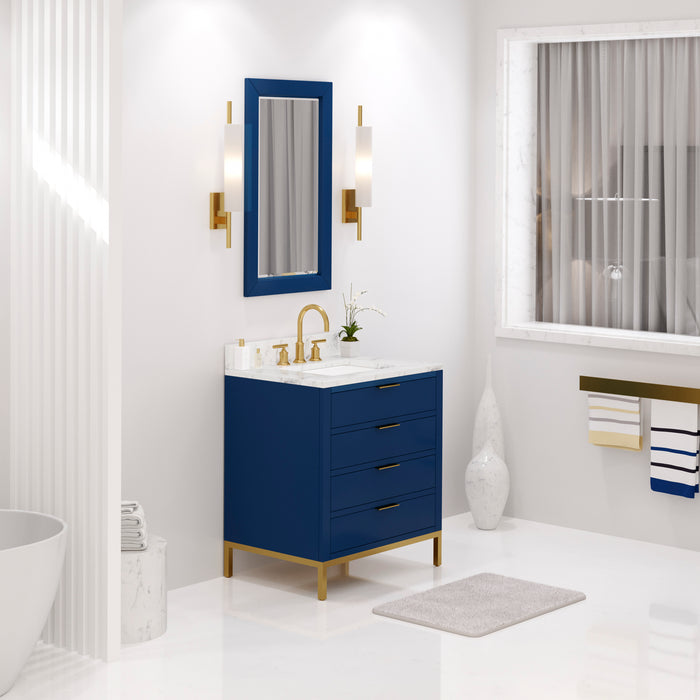 30 Inch Carrara Marble Lily Bathroom Vanity in Monarch Blue Single Sink with Satin Gold Faucet