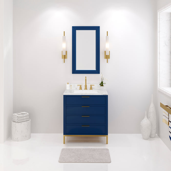 30 Inch Carrara Marble Lily Bathroom Vanity in Monarch Blue Single Sink with Satin Gold Faucet
