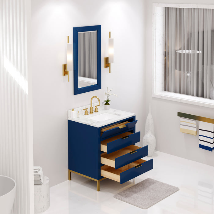 30 Inch Carrara Marble Lily Bathroom Vanity in Monarch Blue Single Sink with Satin Gold Faucet