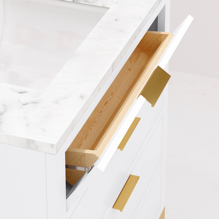30 Inch Jenna White Marble Bathroom Vanity Modern Pure White Cabinet with Satin Gold Hardware & Faucet