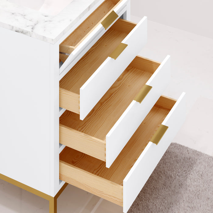 30 Inch Jenna White Marble Bathroom Vanity Modern Pure White Cabinet with Satin Gold Hardware & Faucet