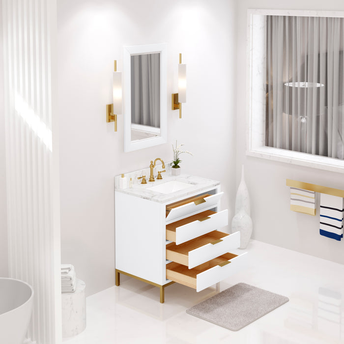 30 Inch Harlow Single Sink Carrara Marble Countertop Vanity with Undermount Sink & Gold Faucet