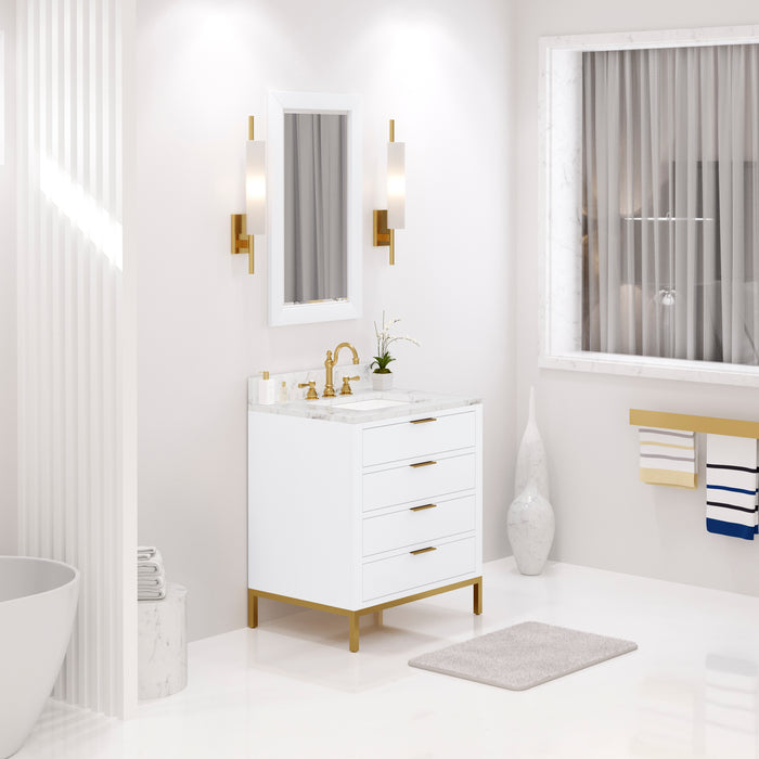 30 Inch Carrara White Marble Haven Bathroom Vanity Pure White with Satin Gold Faucet and Mirror