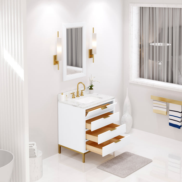 30 Inch Serena Carrara White Marble Bathroom Vanity Single Sink in Pure White with Soft Close