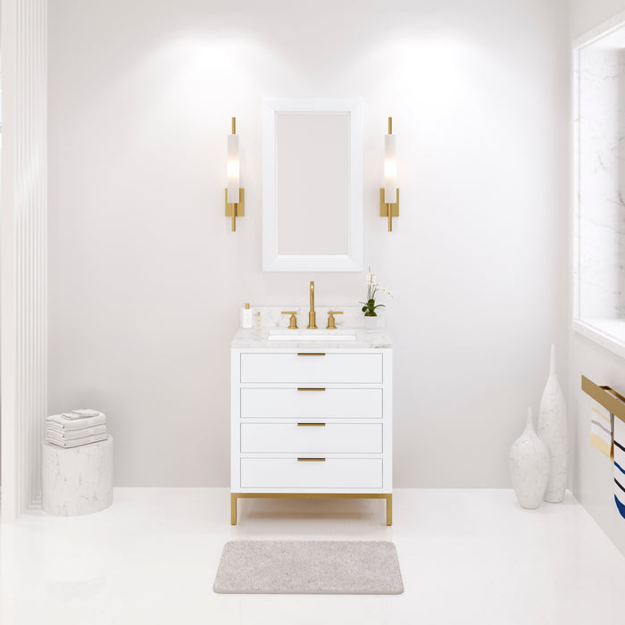 30 Inch Jenna White Marble Bathroom Vanity Modern Pure White Cabinet with Satin Gold Hardware & Faucet