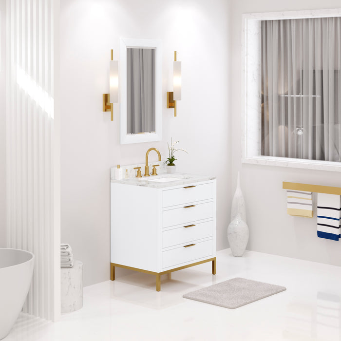 30 Inch Jenna White Marble Bathroom Vanity Modern Pure White Cabinet with Satin Gold Hardware & Faucet