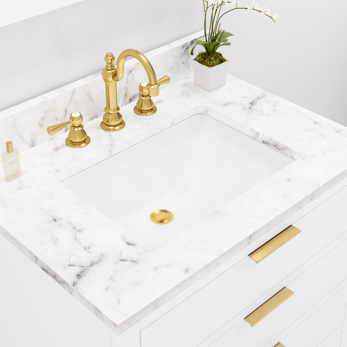 30 Inch Harlow Single Sink Carrara Marble Countertop Vanity with Undermount Sink & Gold Faucet