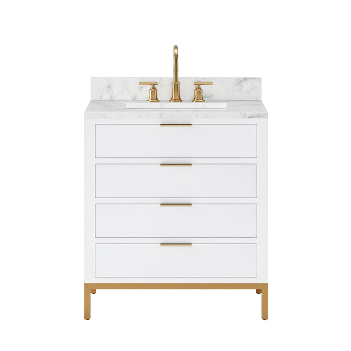 30 Inch Jenna White Marble Bathroom Vanity Modern Pure White Cabinet with Satin Gold Hardware & Faucet