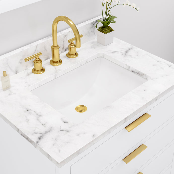 30 Inch Jenna White Marble Bathroom Vanity Modern Pure White Cabinet with Satin Gold Hardware & Faucet