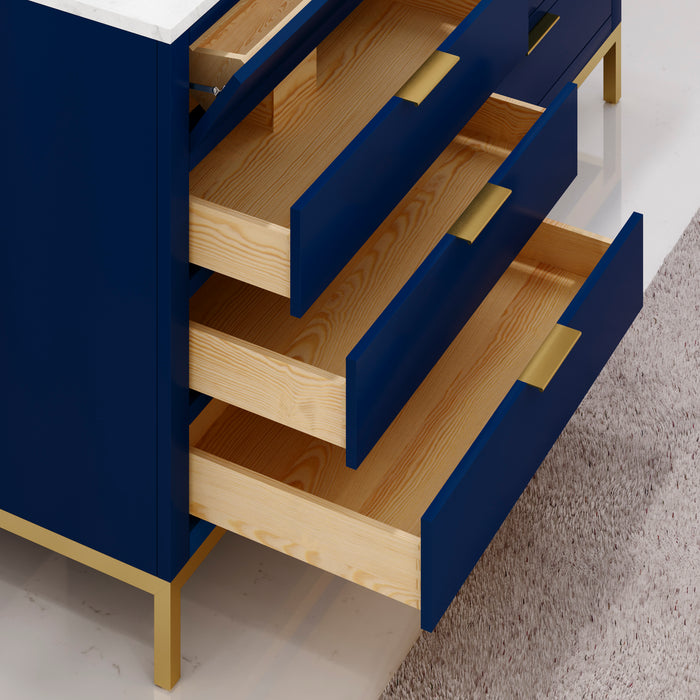 60" Idylle Modern Double Vanity Monarch Blue Marble Top Satin Gold Hardware and Rectangular Mirrors