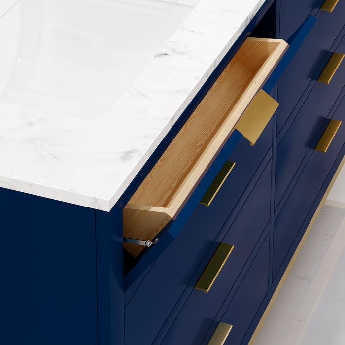 60" Marble Countertop Bath Vanity Gaia Modern Monarch Blue Double Undermount Sinks Satin Gold Hardware
