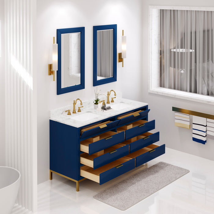 60-Inch Horizon Double Sink Carrara White Marble Bathroom Vanity - Monarch Blue with Satin Gold Faucets