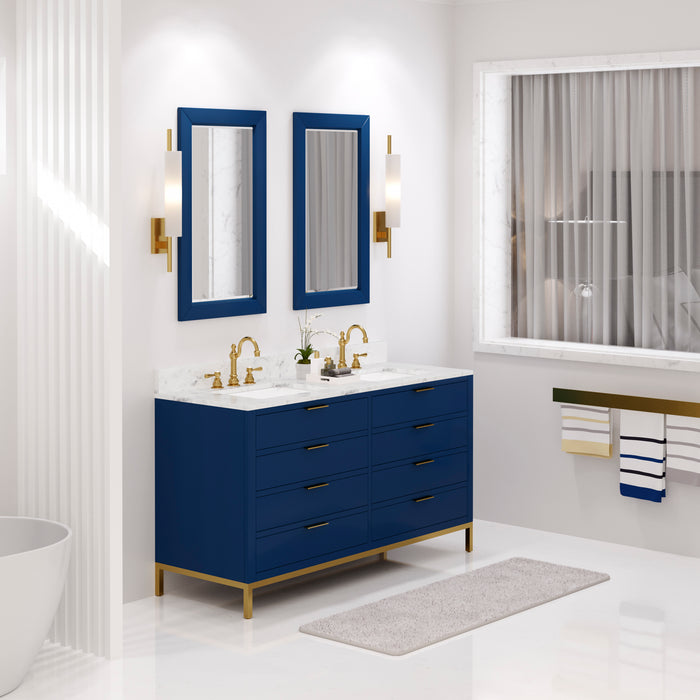 60" Marble Countertop Bath Vanity Gaia Modern Monarch Blue Double Undermount Sinks Satin Gold Hardware