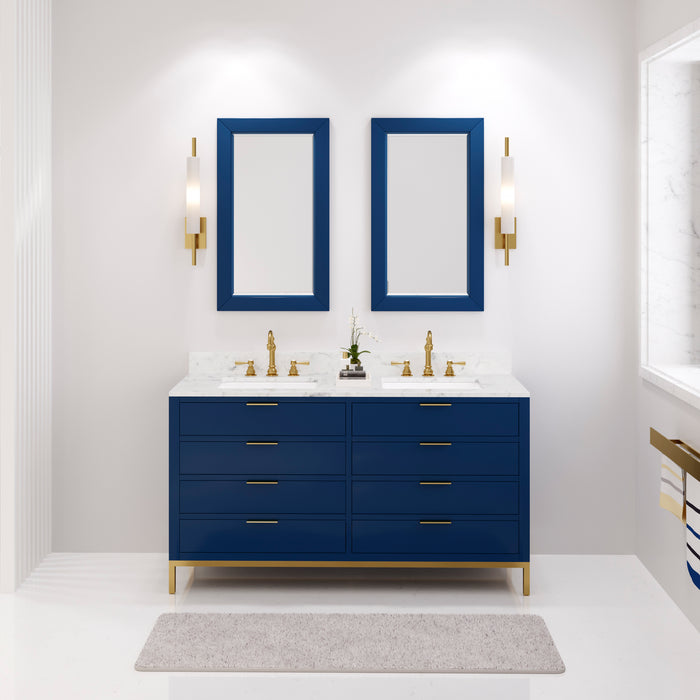 60" Marble Countertop Bath Vanity Gaia Modern Monarch Blue Double Undermount Sinks Satin Gold Hardware
