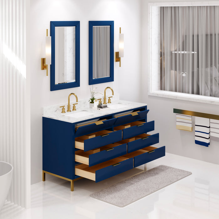 60" Idylle Modern Double Vanity Monarch Blue Marble Top Satin Gold Hardware and Rectangular Mirrors