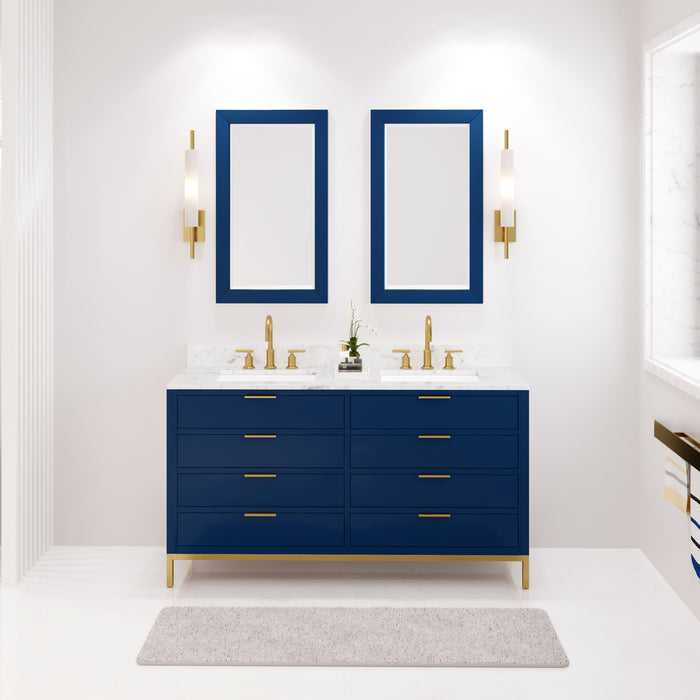 60" Idylle Modern Double Vanity Monarch Blue Marble Top Satin Gold Hardware and Rectangular Mirrors
