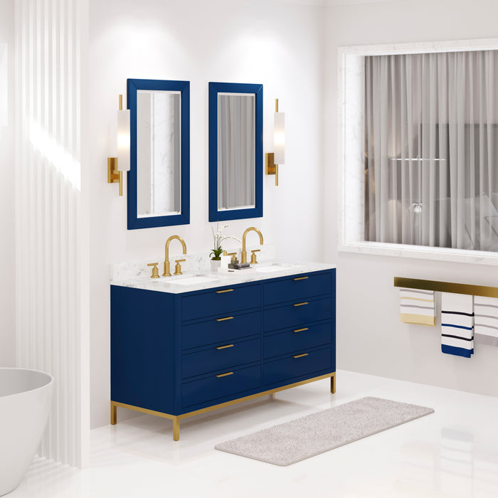 60" Idylle Modern Double Vanity Monarch Blue Marble Top Satin Gold Hardware and Rectangular Mirrors