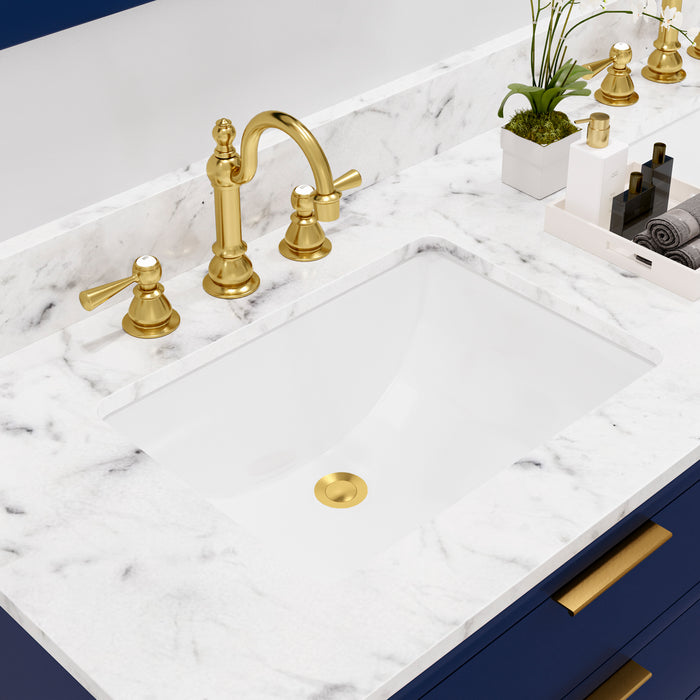 60-Inch Horizon Double Sink Carrara White Marble Bathroom Vanity - Monarch Blue with Satin Gold Faucets