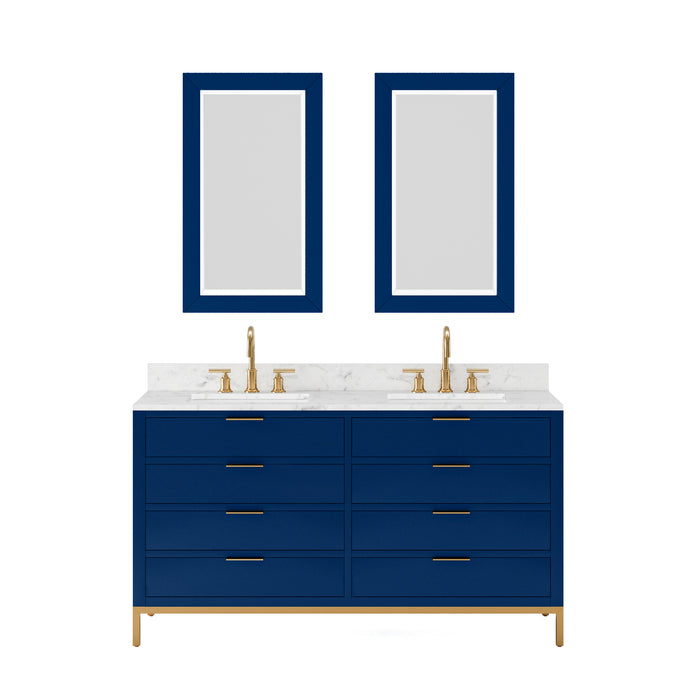60" Idylle Modern Double Vanity Monarch Blue Marble Top Satin Gold Hardware and Rectangular Mirrors