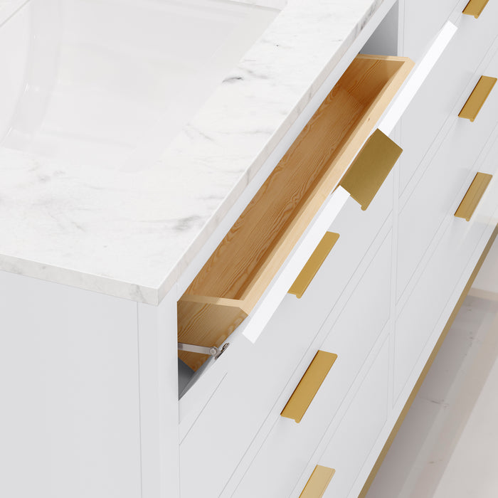 60-Inch Isola Pure White Freestanding Double Sink Vanity with Carrara Marble and Satin Gold Hardware with Matching Mirror