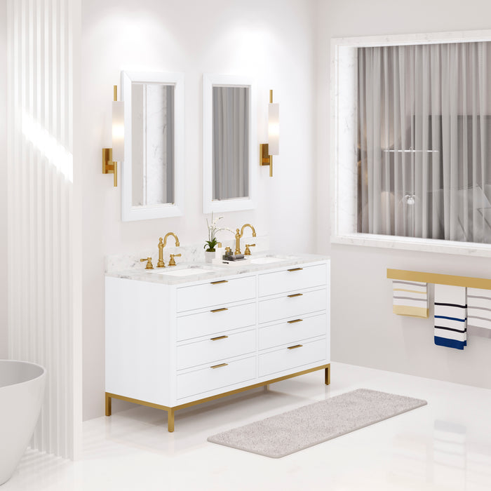 60 Inch Jett Double Sink Bathroom Vanity Carrara White Marble Top Pure White Cabinet Satin Gold Faucets