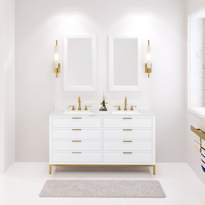 60 Inch Jett Double Sink Bathroom Vanity Carrara White Marble Top Pure White Cabinet Satin Gold Faucets