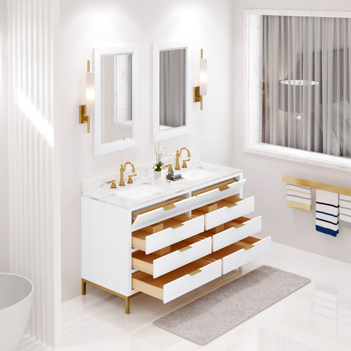 60 Inch Jett Double Sink Bathroom Vanity Carrara White Marble Top Pure White Cabinet Satin Gold Faucets