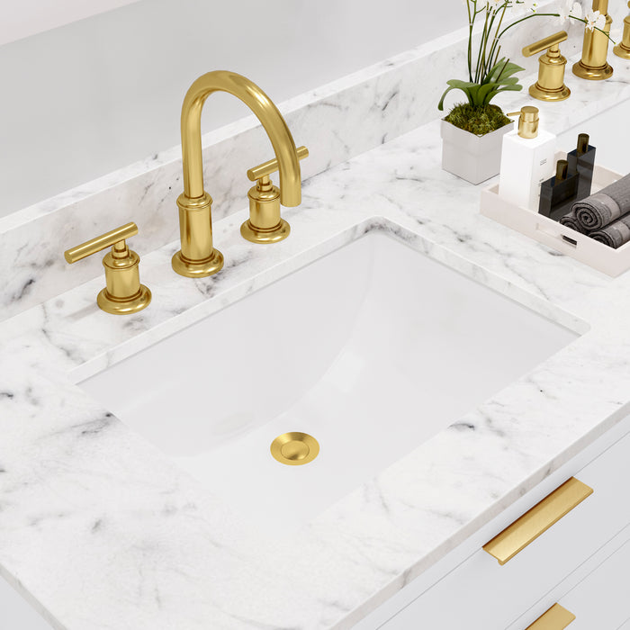 60-Inch Jasper Pure White Double Sink Bath Vanity Carrara Marble Top Gold Gooseneck Faucets