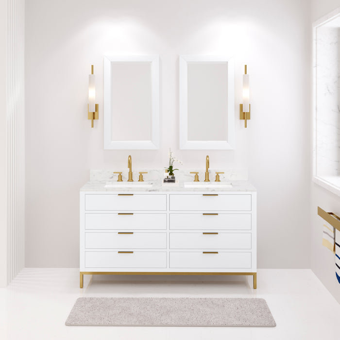 60-Inch Jasper Pure White Double Sink Bath Vanity Carrara Marble Top Gold Gooseneck Faucets