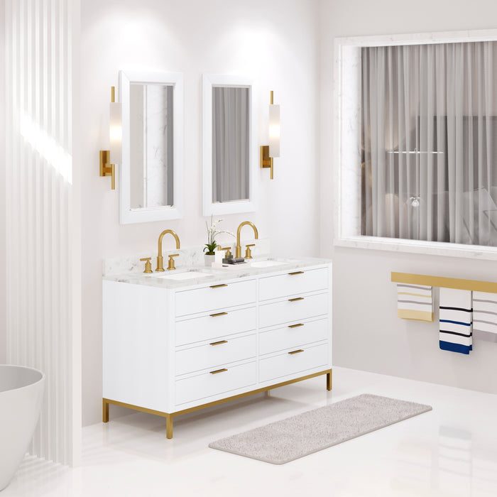 60-Inch Jasper Pure White Double Sink Bath Vanity Carrara Marble Top Gold Gooseneck Faucets